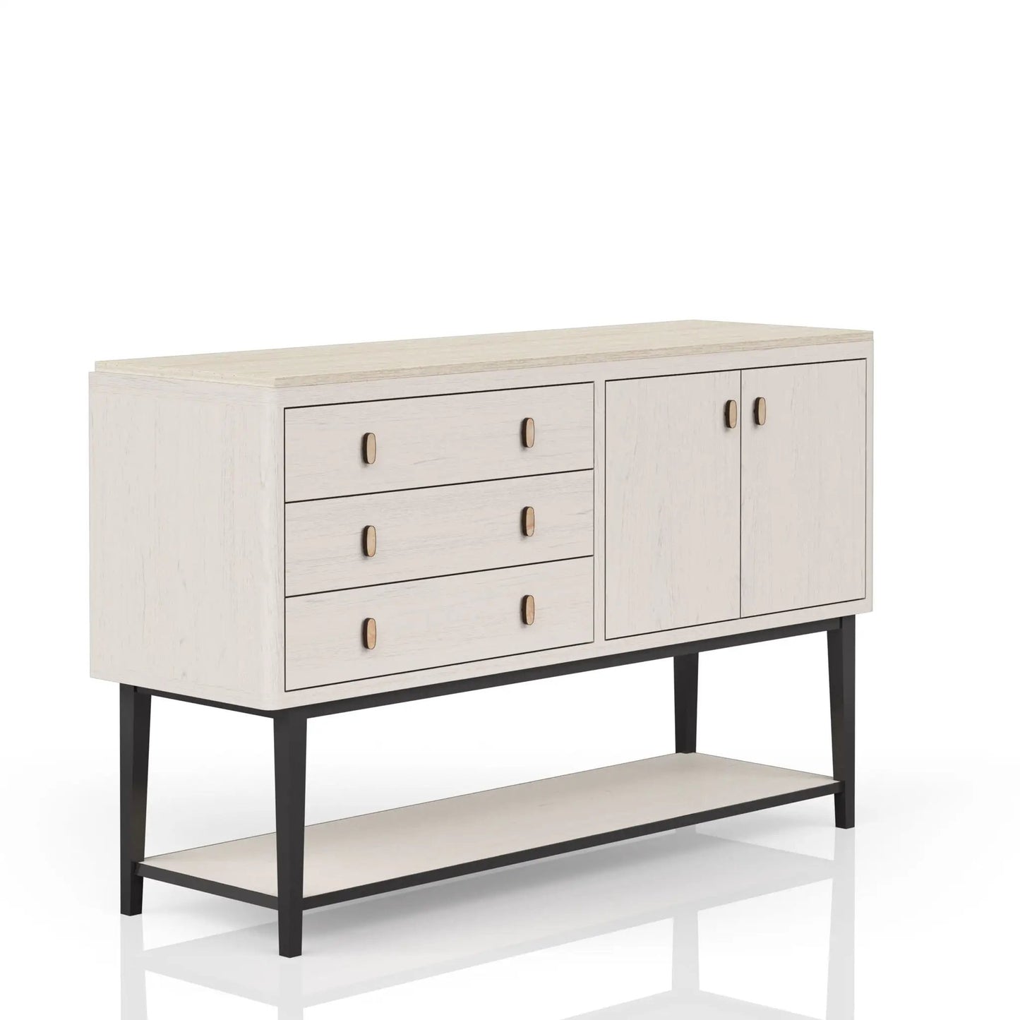 Whitewashed server with base, multiple drawers and doors, wood knob hardware, black legs on Tampa Home & Garden Store