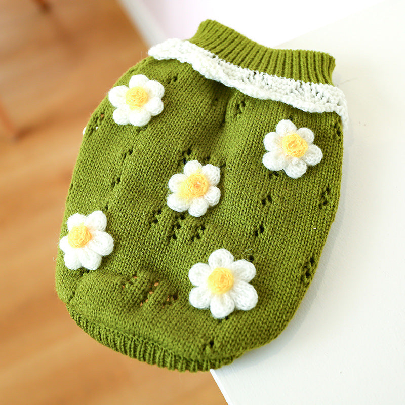 Bowknot dog sweater in green hollow-knit with white daisy appliqués and white neck trim on Tampa Home & Garden Store