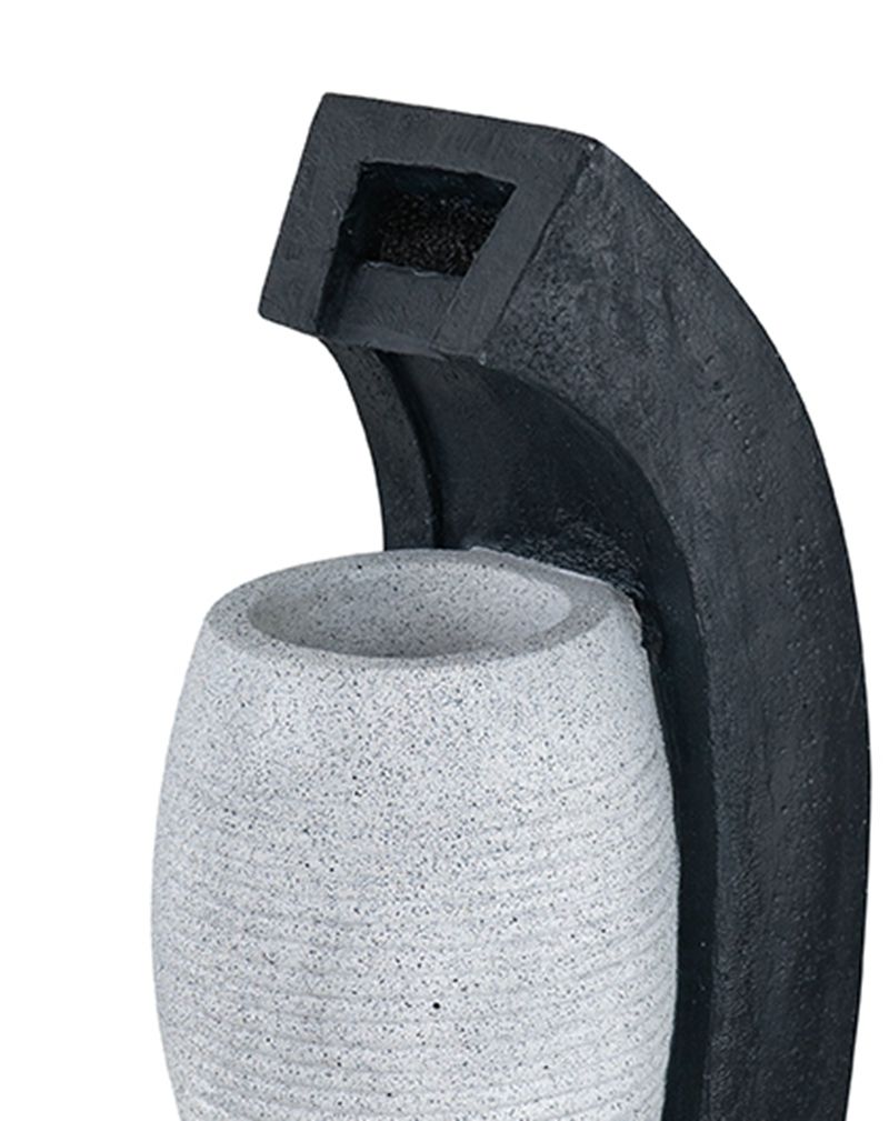 Water fountain with vase design by HouseOfZazla, textured gray ceramic vase and black arc water feature on Tampa Home & Garden Store