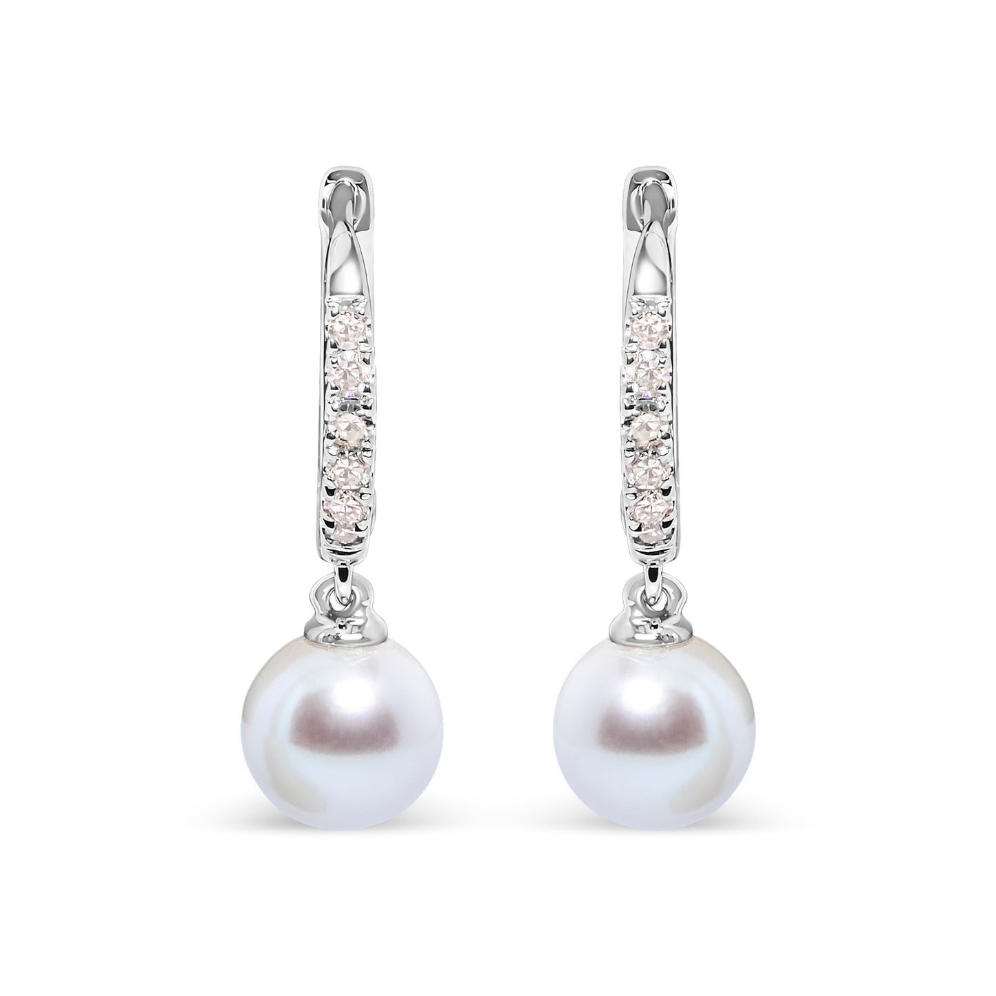 Pair of 10K white gold huggy earrings with pave diamonds and freshwater pearl drops on Tampa Home & Garden Store