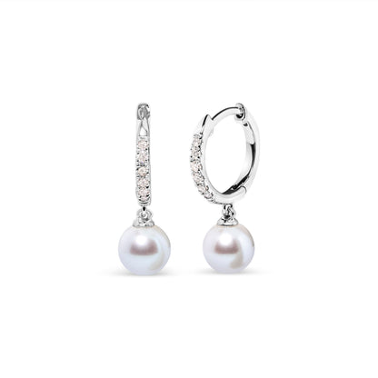 Earrings: 10K white gold drop huggy with 6x6mm cultured freshwater pearls and diamond accents on Tampa Home & Garden Store