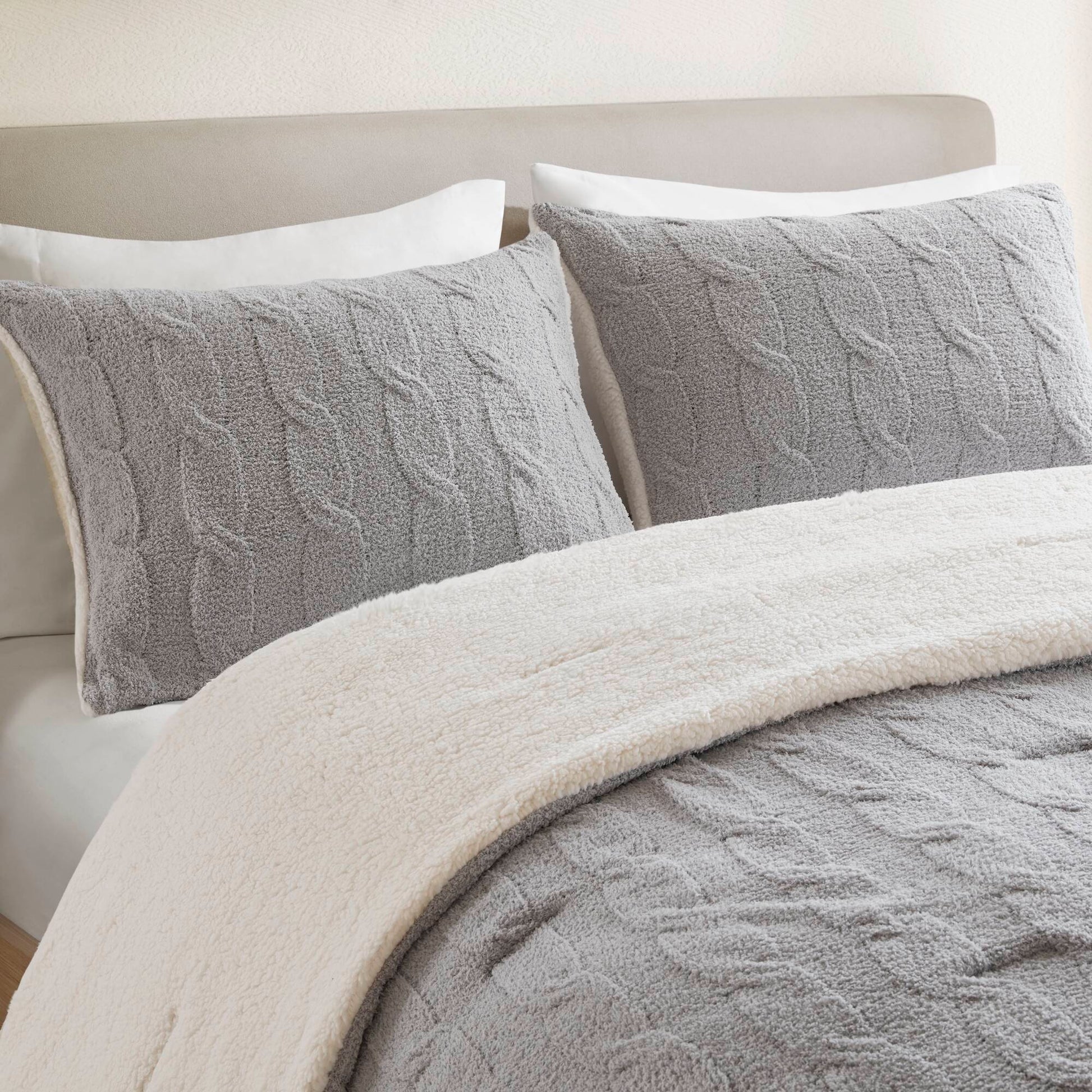 3-Piece Full/Queen Cable Knit Chenille Comforter Set Gray HouseOfZazla bedding on Tampa Home & Garden Store