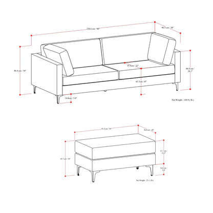 Ava Mid Century Sofa with Ottoman Set in Fabric