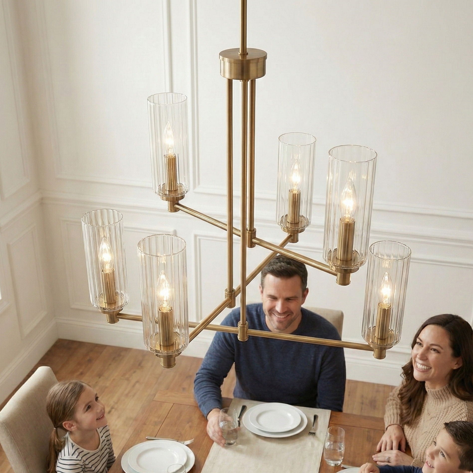 Timeless 6-light chandelier with antique brass finish and clear ribbed glass shades on Tampa Home & Garden Store