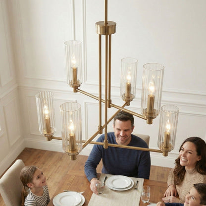 Timeless 6-light chandelier with antique brass finish and clear ribbed glass shades on Tampa Home & Garden Store