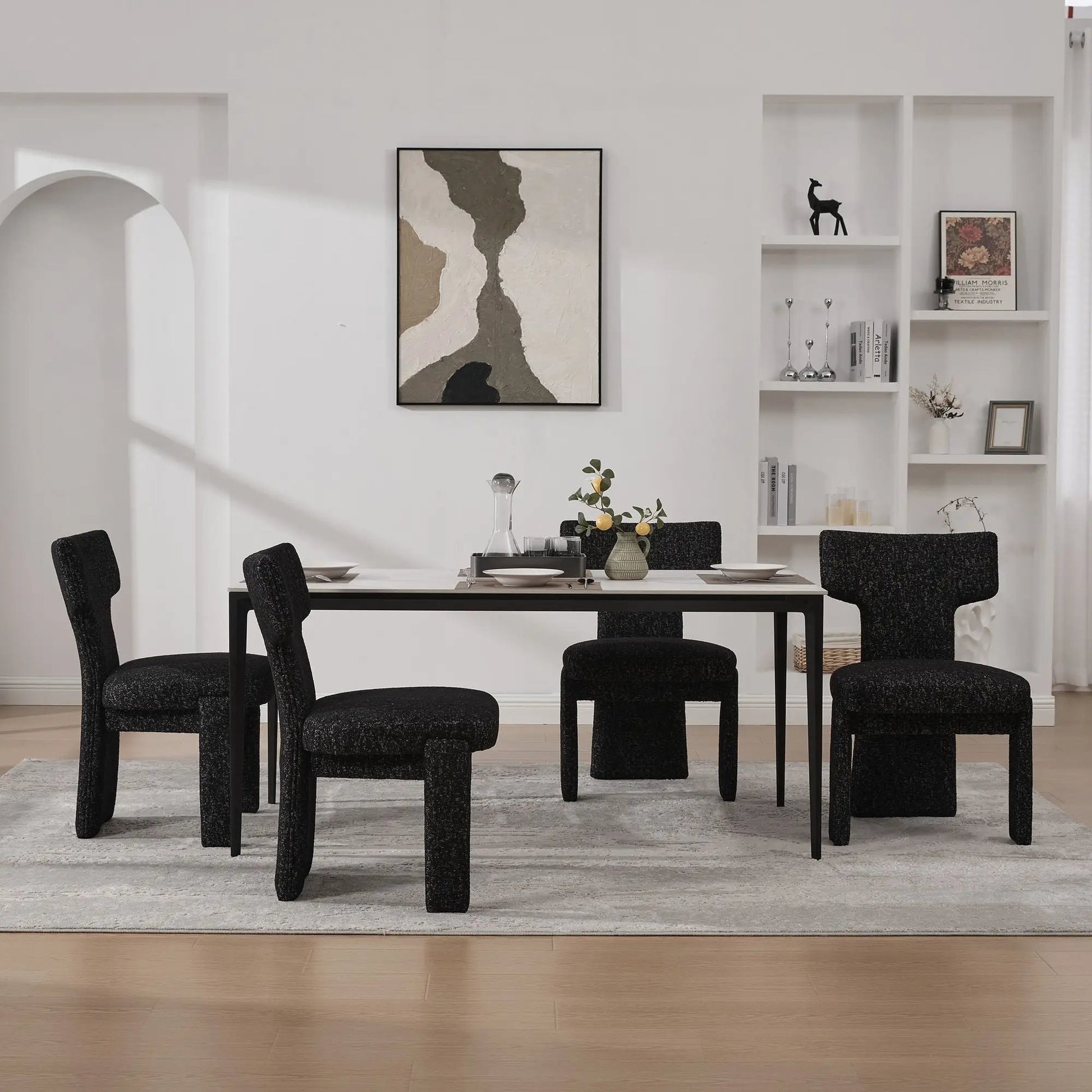 Armless curved-back dining chairs in black fabric, six-chair set by Unique Piece Furniture on Tampa Home & Garden Store
