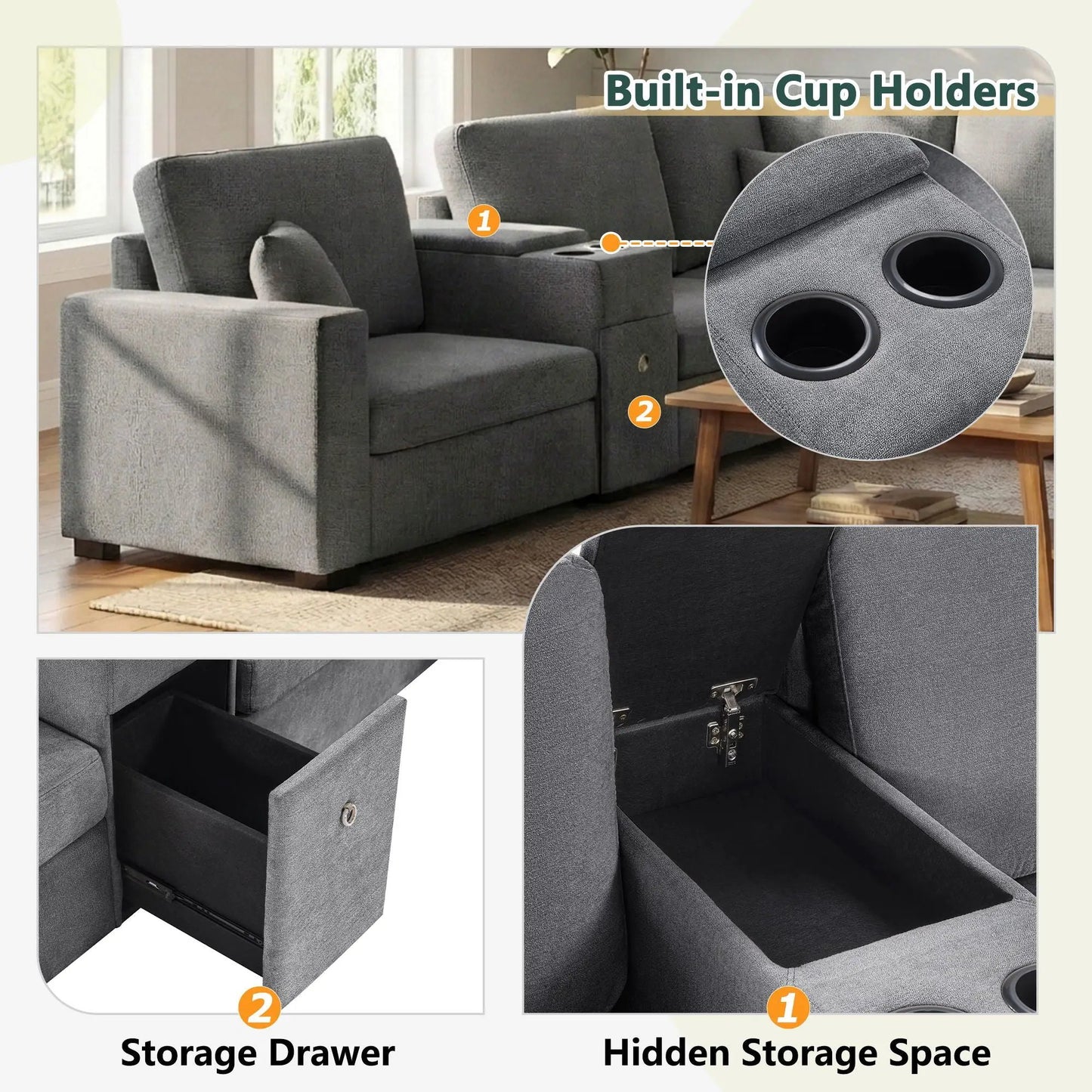Modular 5-seat U-shaped sofa with cup holders and storage drawer on Tampa Home & Garden Store