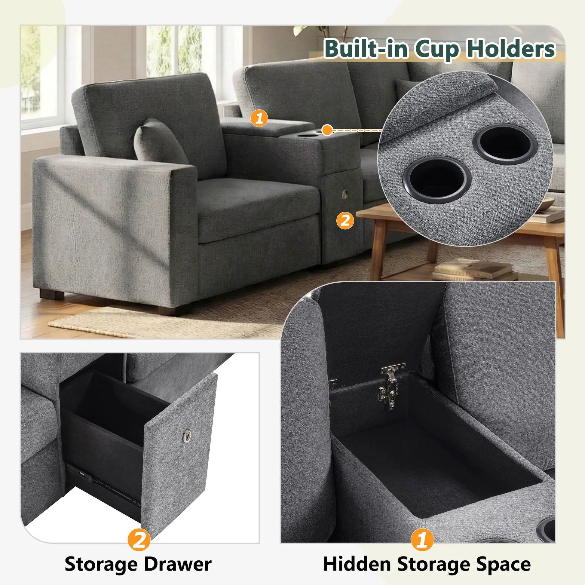 Modular 5-seat U-shaped sofa with cup holders and storage drawer on Tampa Home & Garden Store