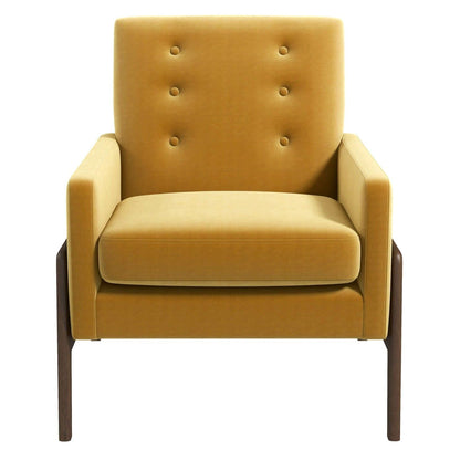 Cole Solid Wood Lounge Chair golden mustard leather upholstery, button-tufted back, cushioned seat, dark wood legs on Tampa Home & Garden Store