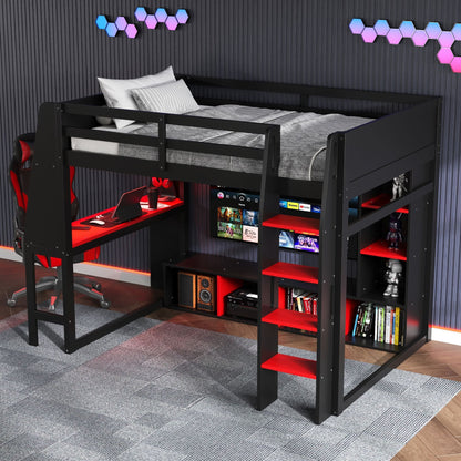 Gaming loft bed with desk in black metal frame, red desk surface, LED lighting and shelves on Tampa Home & Garden Store