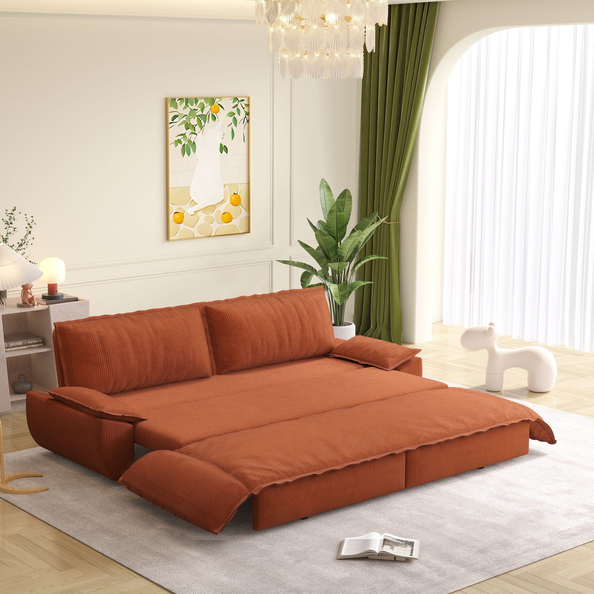 Queen Pull Out Sofa Bed by HouseOfZazla, orange-brown corduroy, 3-in-1 sleeper sofa on Tampa Home & Garden Store