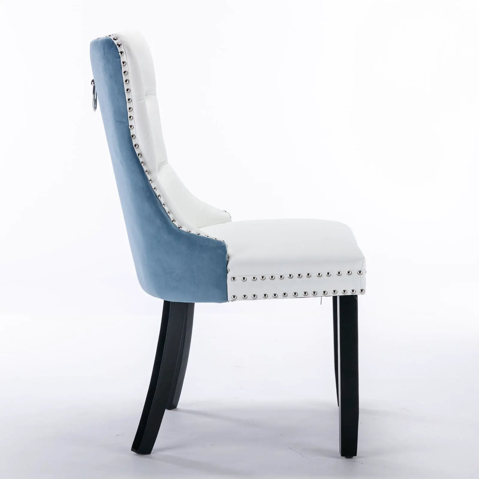 Nikki Upholstered Dining Chair set of 2; white seat, blue sides, nailhead trim, black legs on Tampa Home & Garden Store