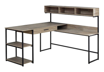 Corner desk by Unique Piece Furniture with oak finish top, black metal frame, upper cubbies and left shelf unit on Tampa Home & Garden Store