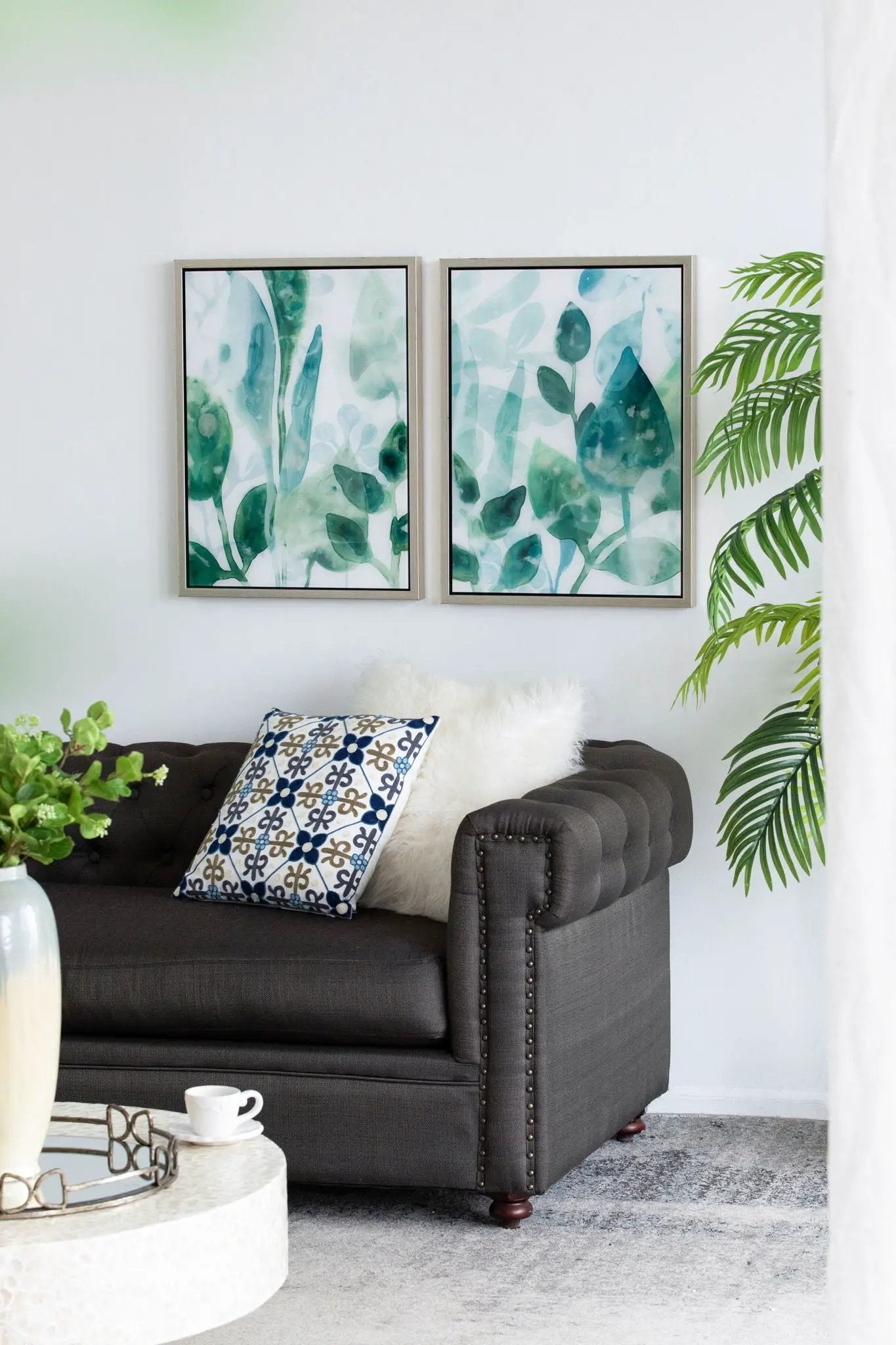 Framed acrylic wall art set of 2 white and green by Unique Piece Furniture for living room on Tampa Home & Garden Store