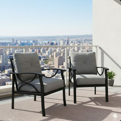 All-Weather Armchairs with Cushions Set of 2, dark metal frames, gray cushions on balcony on Tampa Home & Garden Store