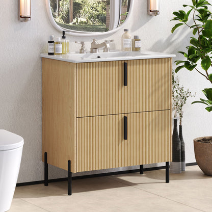 Bathroom vanity with ceramic sink and fluted light brown wood cabinet by HouseOfZazla on Tampa Home & Garden Store