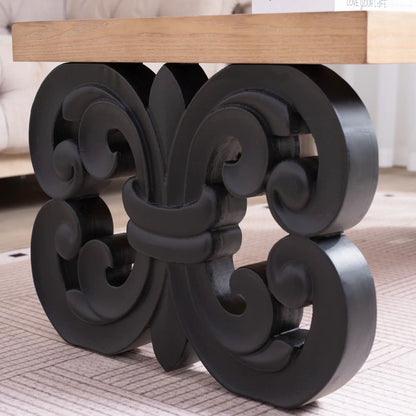 Ornate Scroll Base Coffee Table with natural wood top and black sculpted circular base on Tampa Home & Garden Store