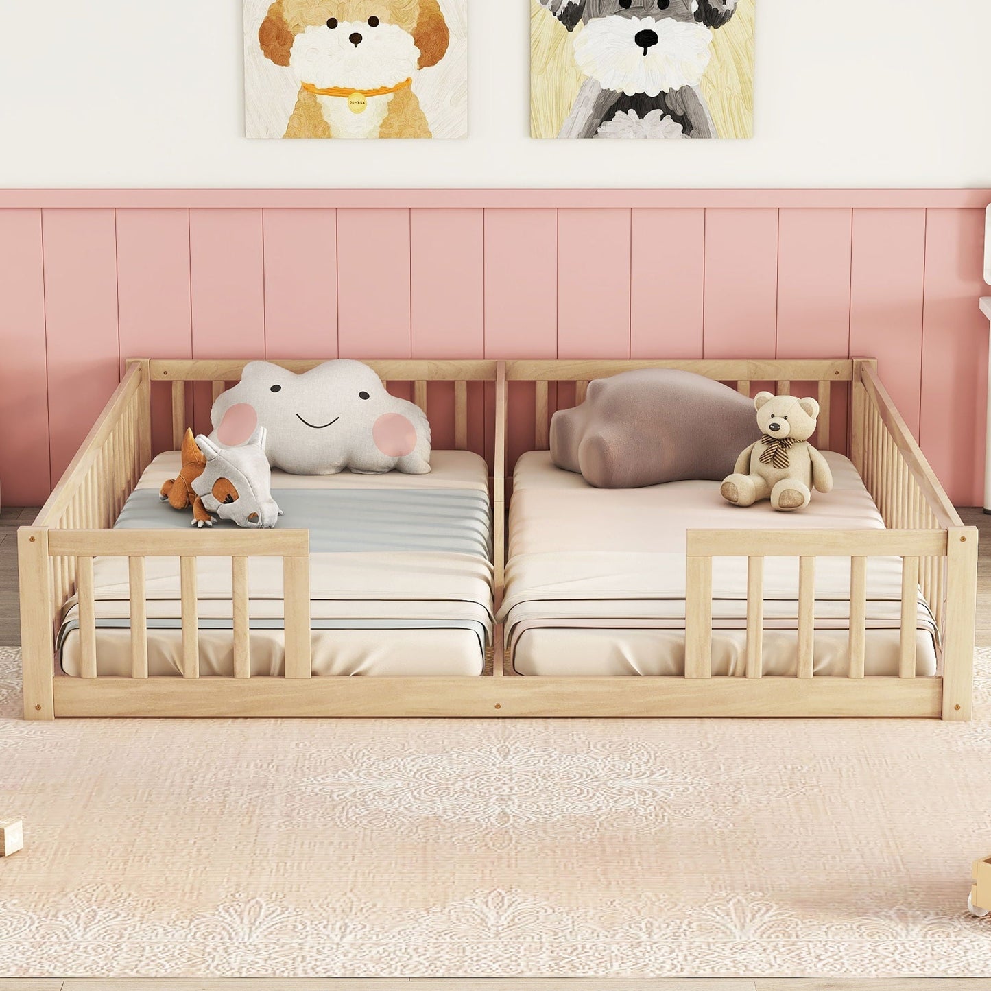 Solid Double Floor Bed With Guardrails and Fence