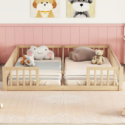 Solid Double Floor Bed With Guardrails and Fence