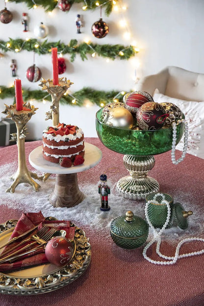 Christmas Ball ornament by Unique Piece Furniture; red, gold, silver balls in a green glass bowl on Tampa Home & Garden Store