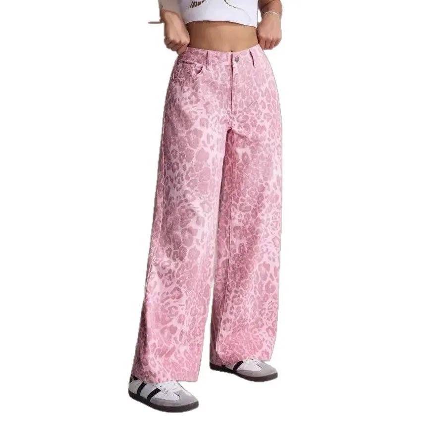 Women's pink leopard-print wide-leg jeans by FLIPSTYLEZLLC, loose-fit denim on Tampa Home & Garden Store