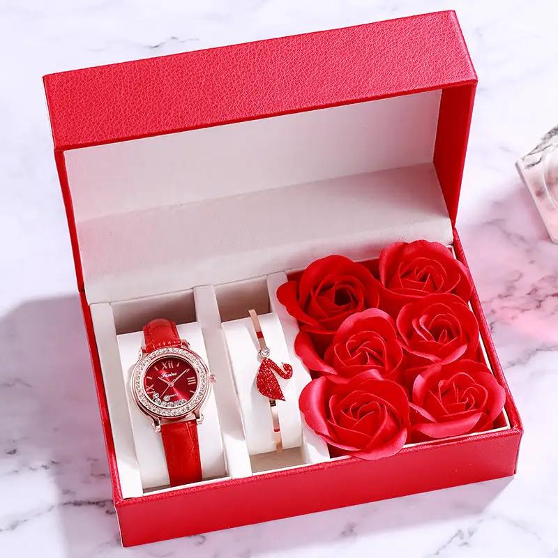 Ladies watch set with 1 red strap watch, 1 flamingo bracelet, and red roses in gift box on Tampa Home & Garden Store