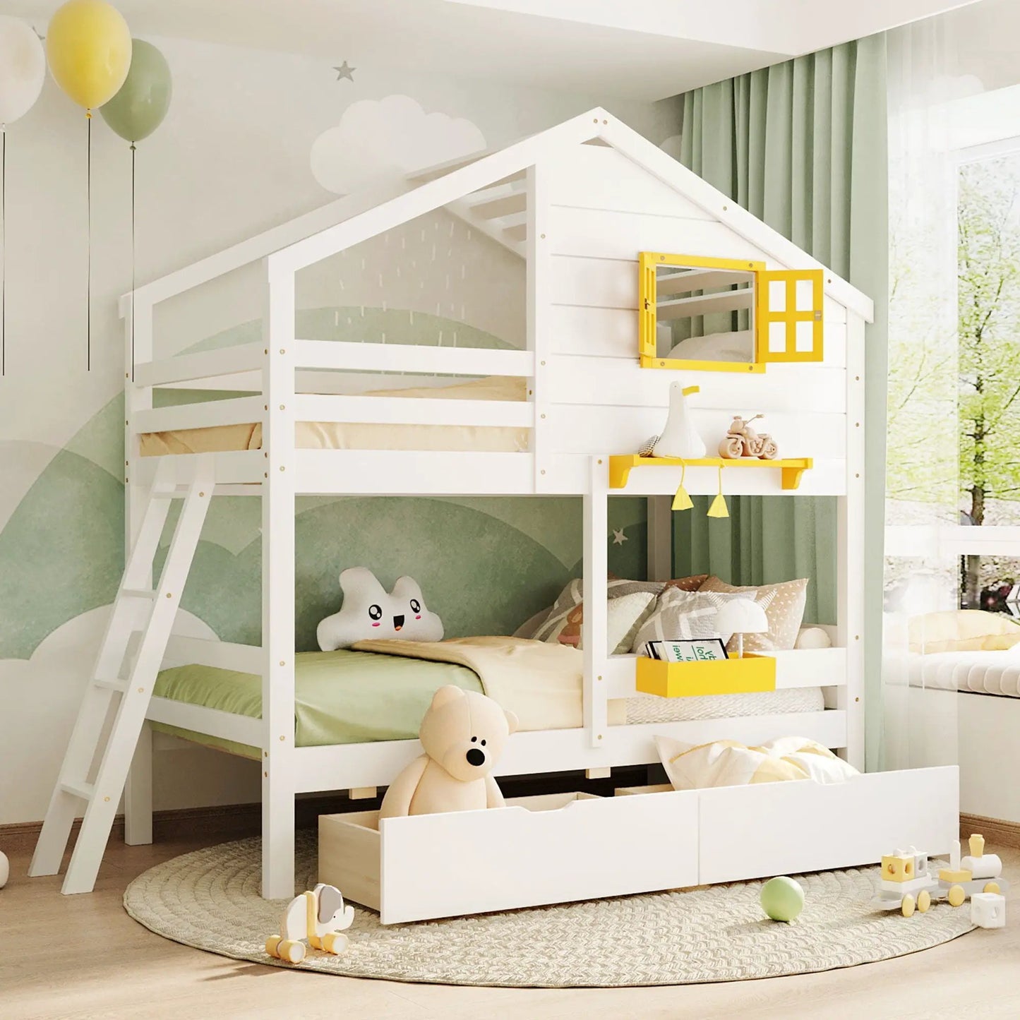 Bunk bed with playhouse roof and window, white finish with yellow window frame, ladder on Tampa Home & Garden Store