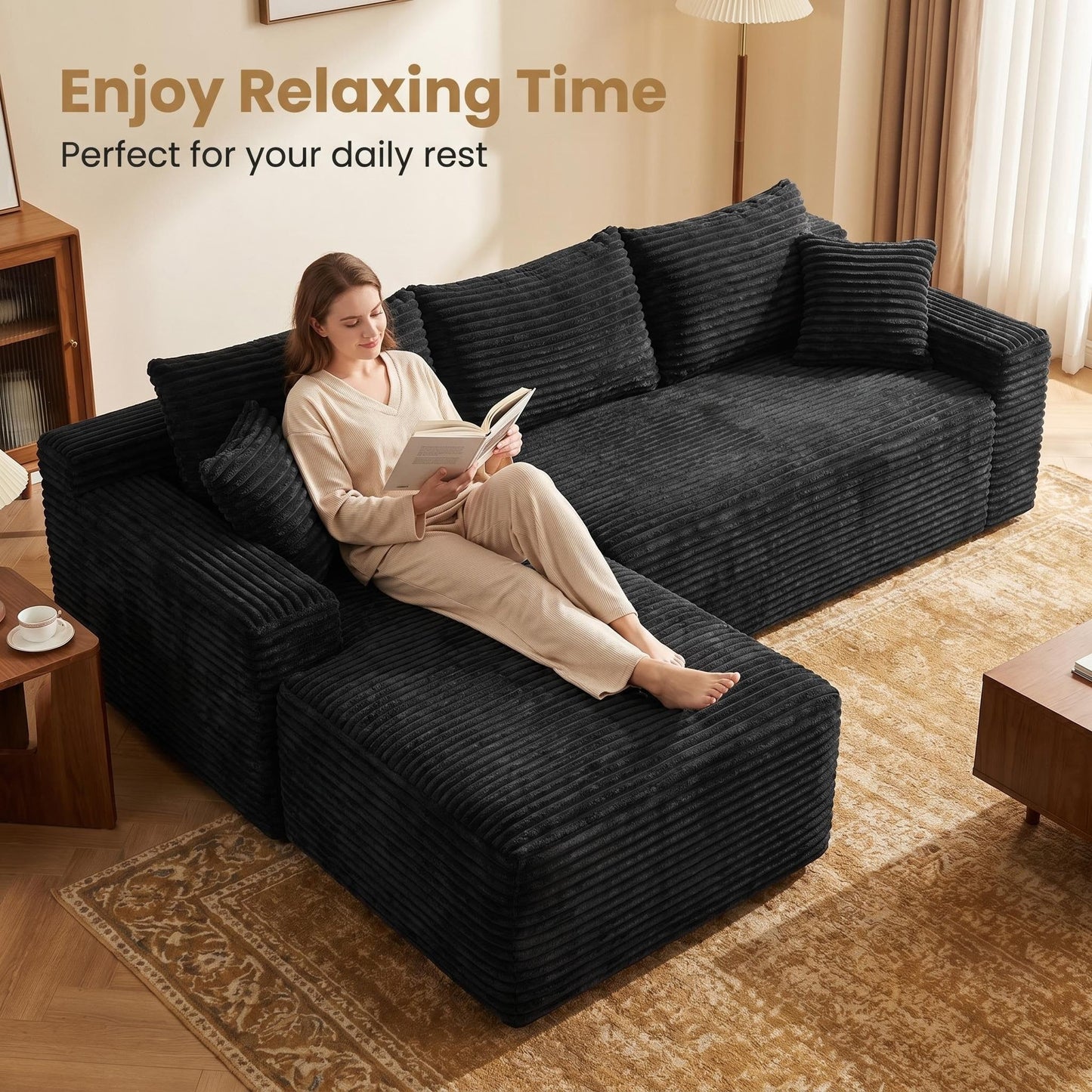94.5-inch Cloud modular sectional sofa with L-shaped chaise in black ribbed fabric on Tampa Home & Garden Store