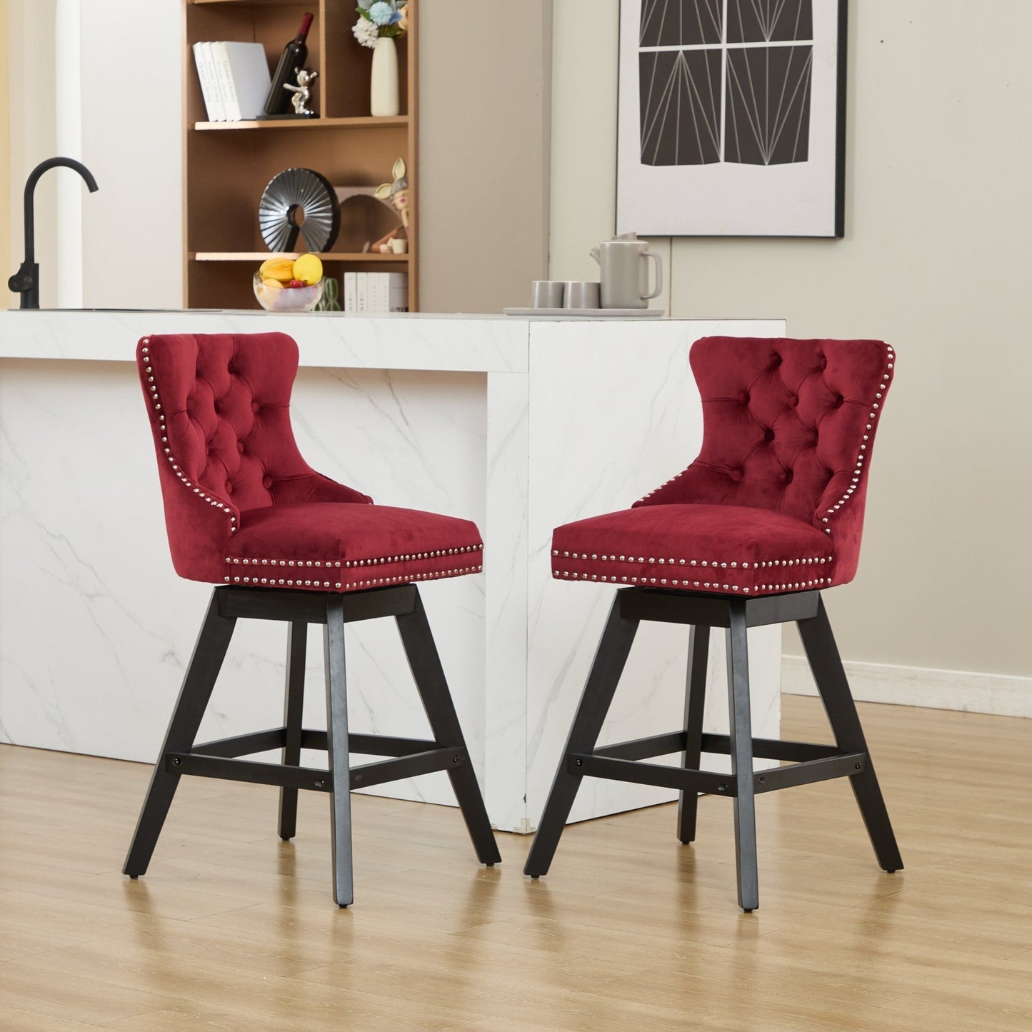 Swivel velvet barstools wine red, button tufted, set of 2 with black legs on Tampa Home & Garden Store
