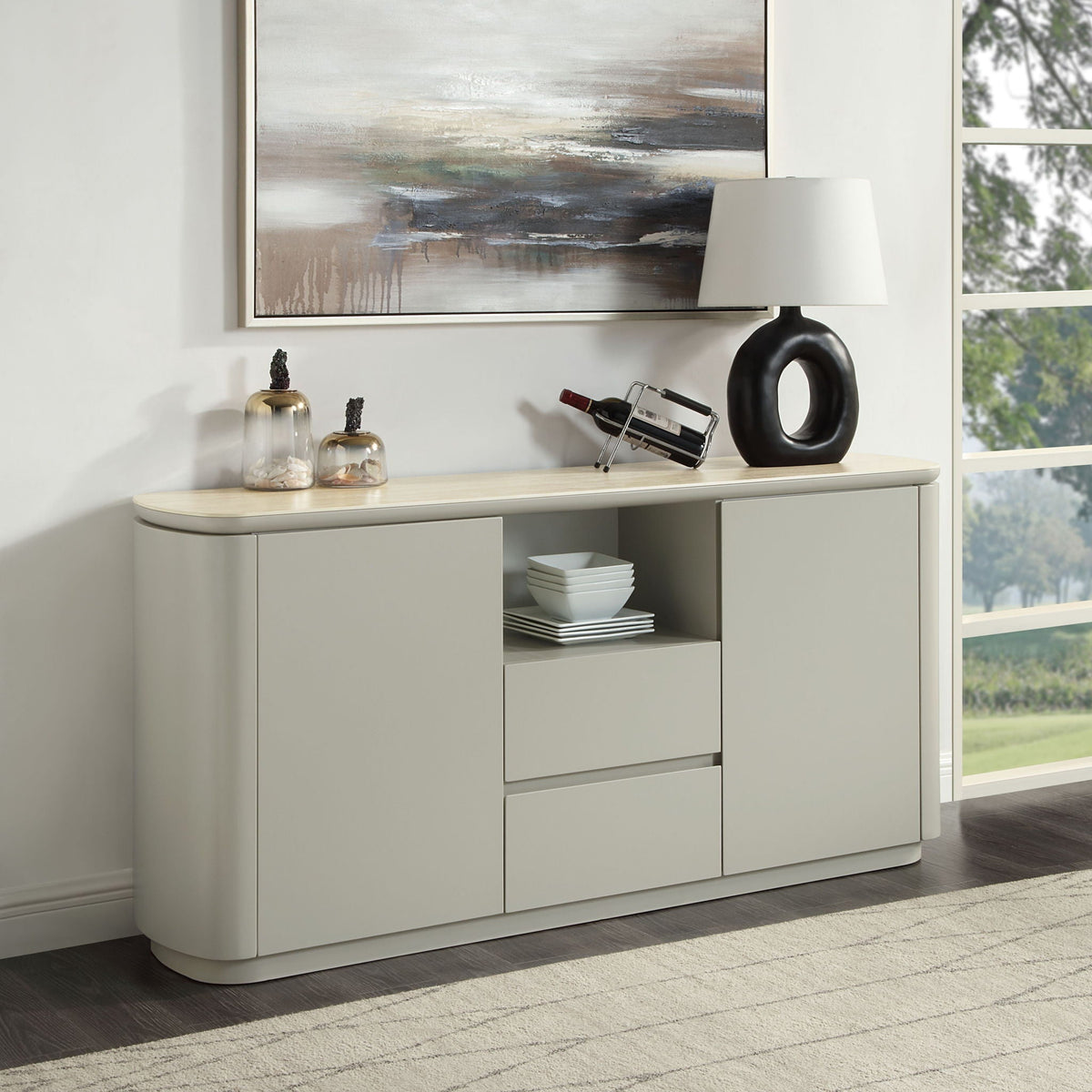 Ingram Ceramic Top Server in light gray on modern sideboard with wine rack decor on Tampa Home & Garden Store