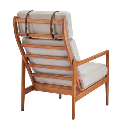 Mid Century Modern Accent Armchair with beige cushions and wood frame, leather back straps on Tampa Home & Garden Store