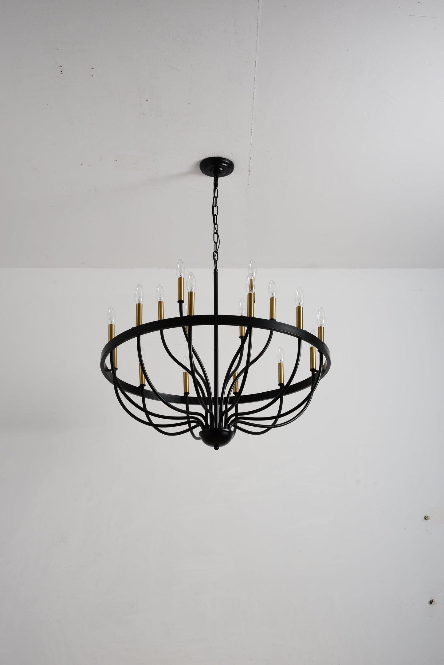 15-light industrial iron chandelier with black frame and brass candle cups pendant on Tampa Home & Garden Store