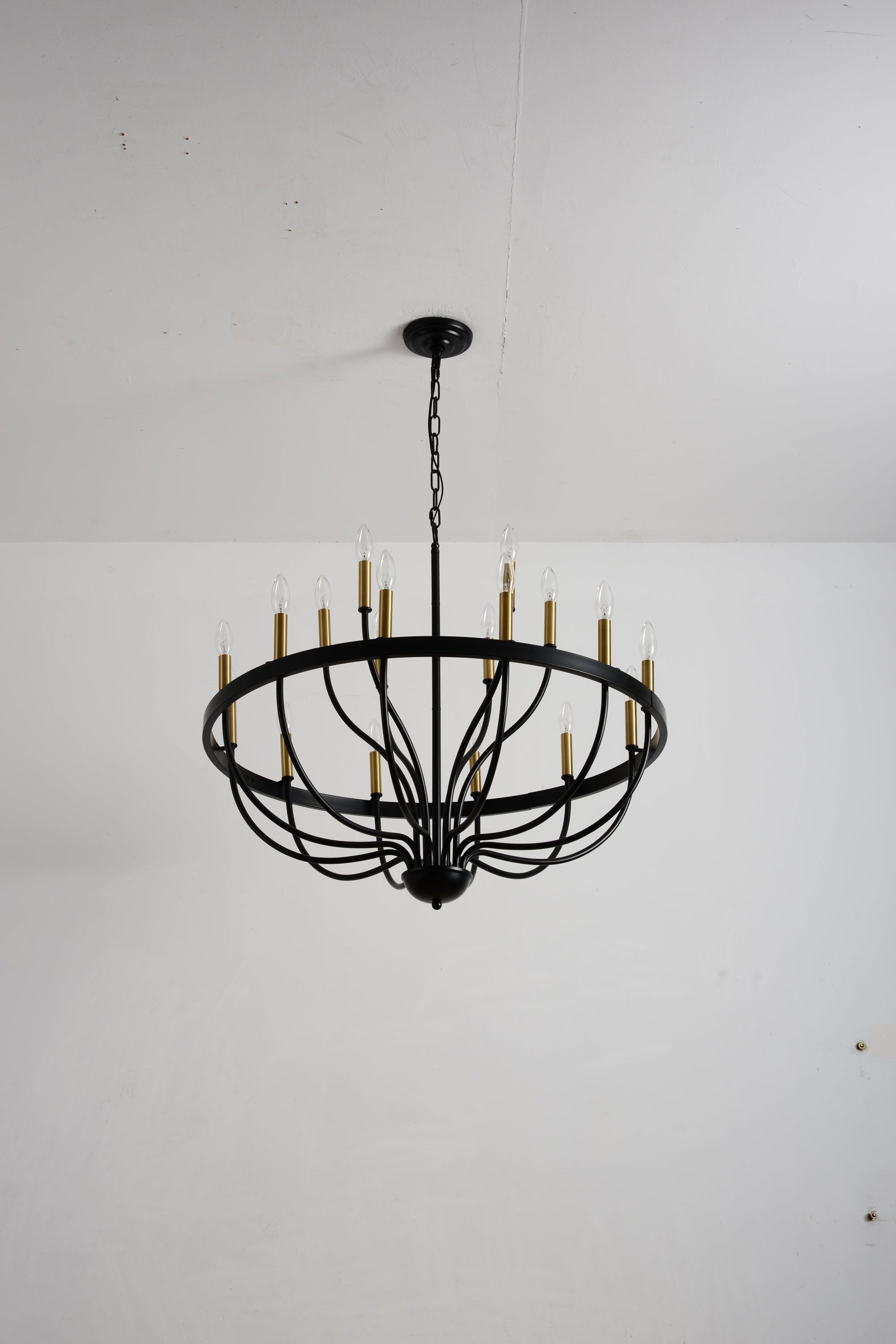15-light industrial iron chandelier with black frame and brass candle cups pendant on Tampa Home & Garden Store