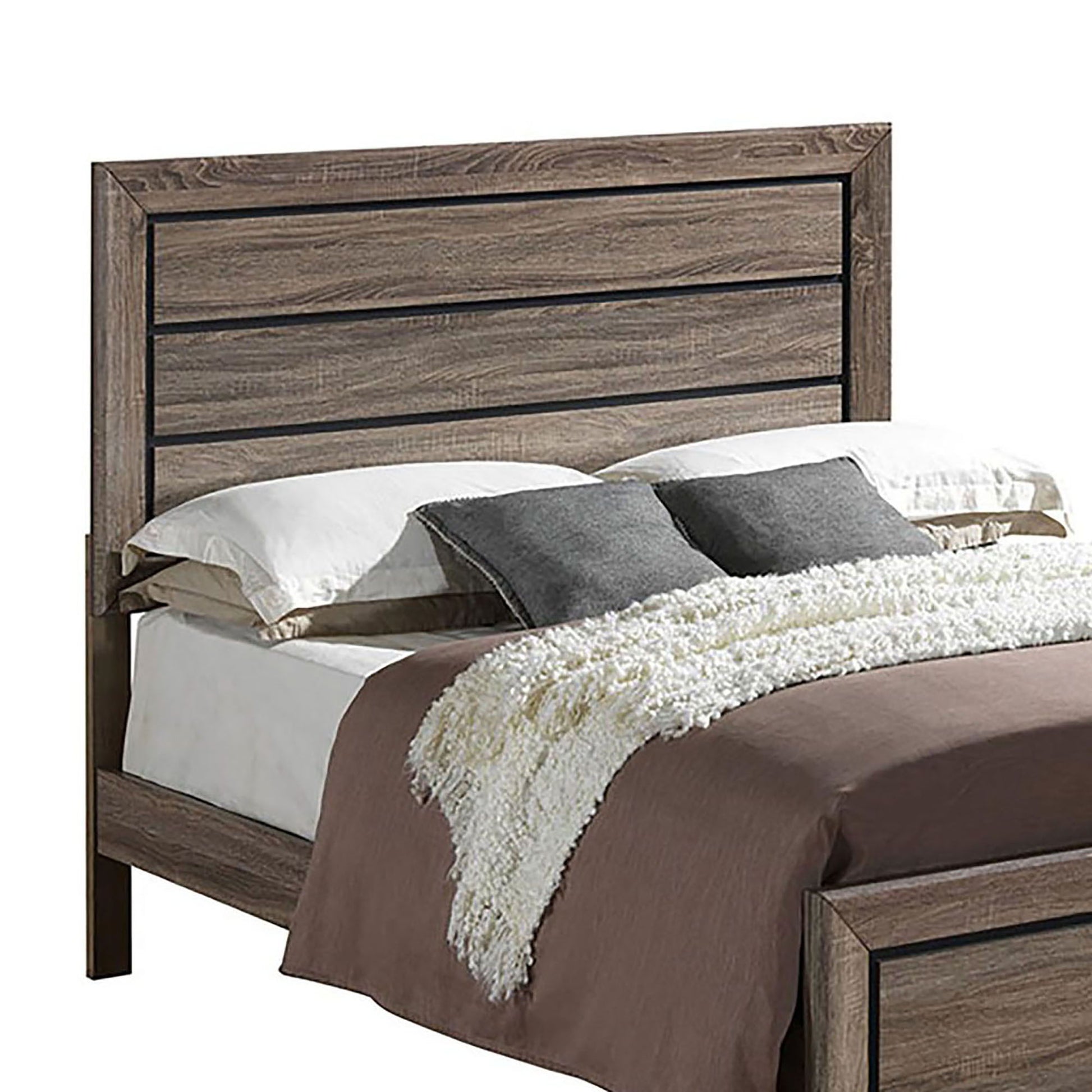 Oatfield Panel Bed by HouseOfZazla, rustic gray-brown wood with wide paneled headboard on Tampa Home & Garden Store