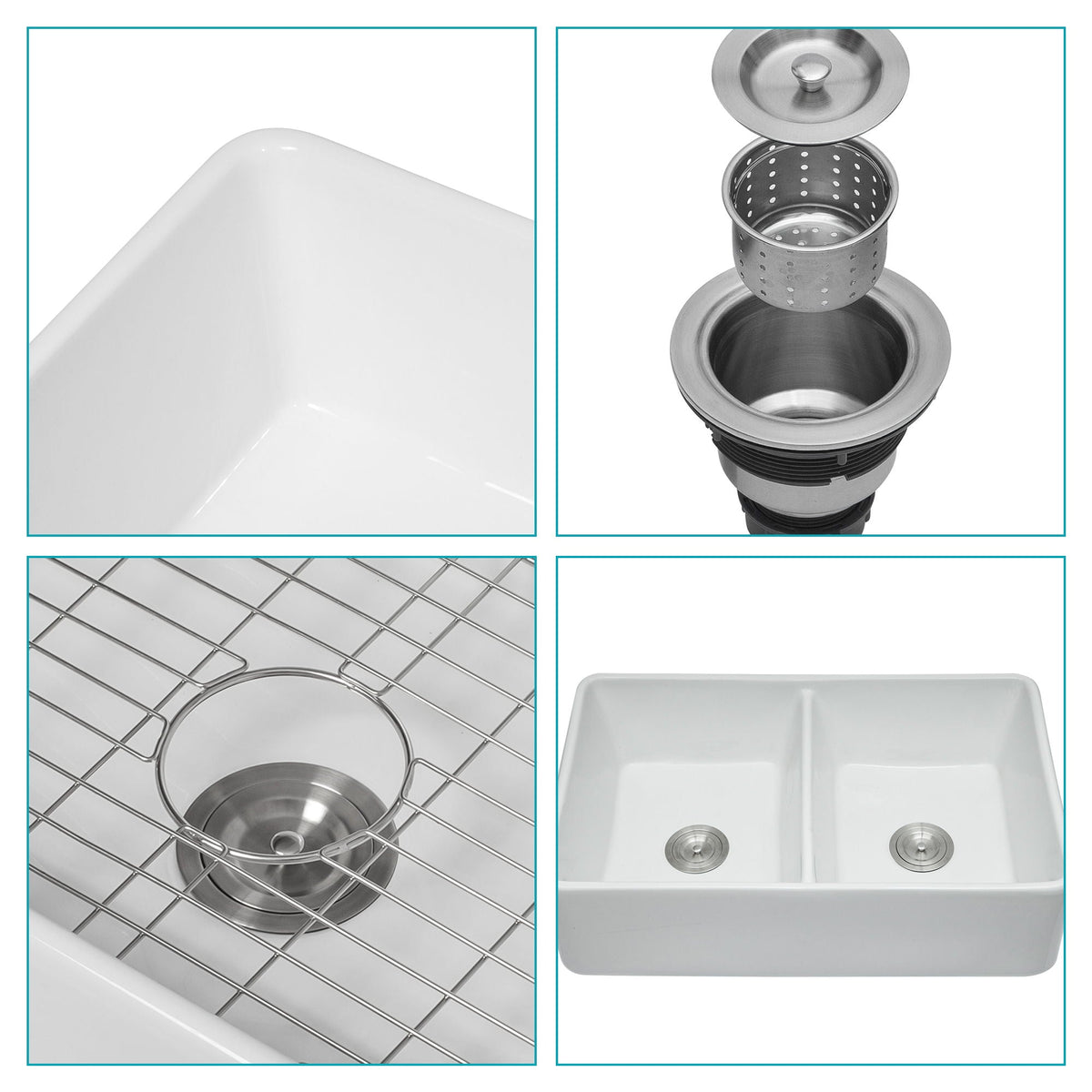 Double bowl apron-front kitchen sink, white 32in, scratch resistant, HouseOfZazla dual mount on Tampa Home & Garden Store