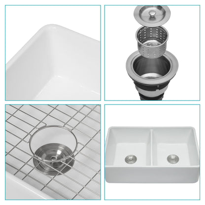 Double bowl apron-front kitchen sink, white 32in, scratch resistant, HouseOfZazla dual mount on Tampa Home & Garden Store
