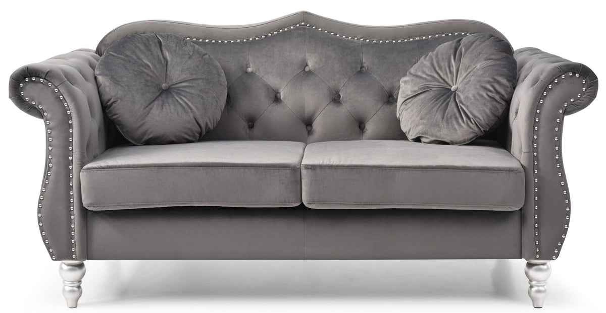 Gray velvet flared-arm loveseat with nailhead trim tufted back and 2 round pillows HouseOfZazla on Tampa Home & Garden Store