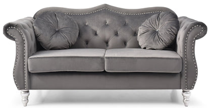 Gray velvet flared-arm loveseat with nailhead trim tufted back and 2 round pillows HouseOfZazla on Tampa Home & Garden Store