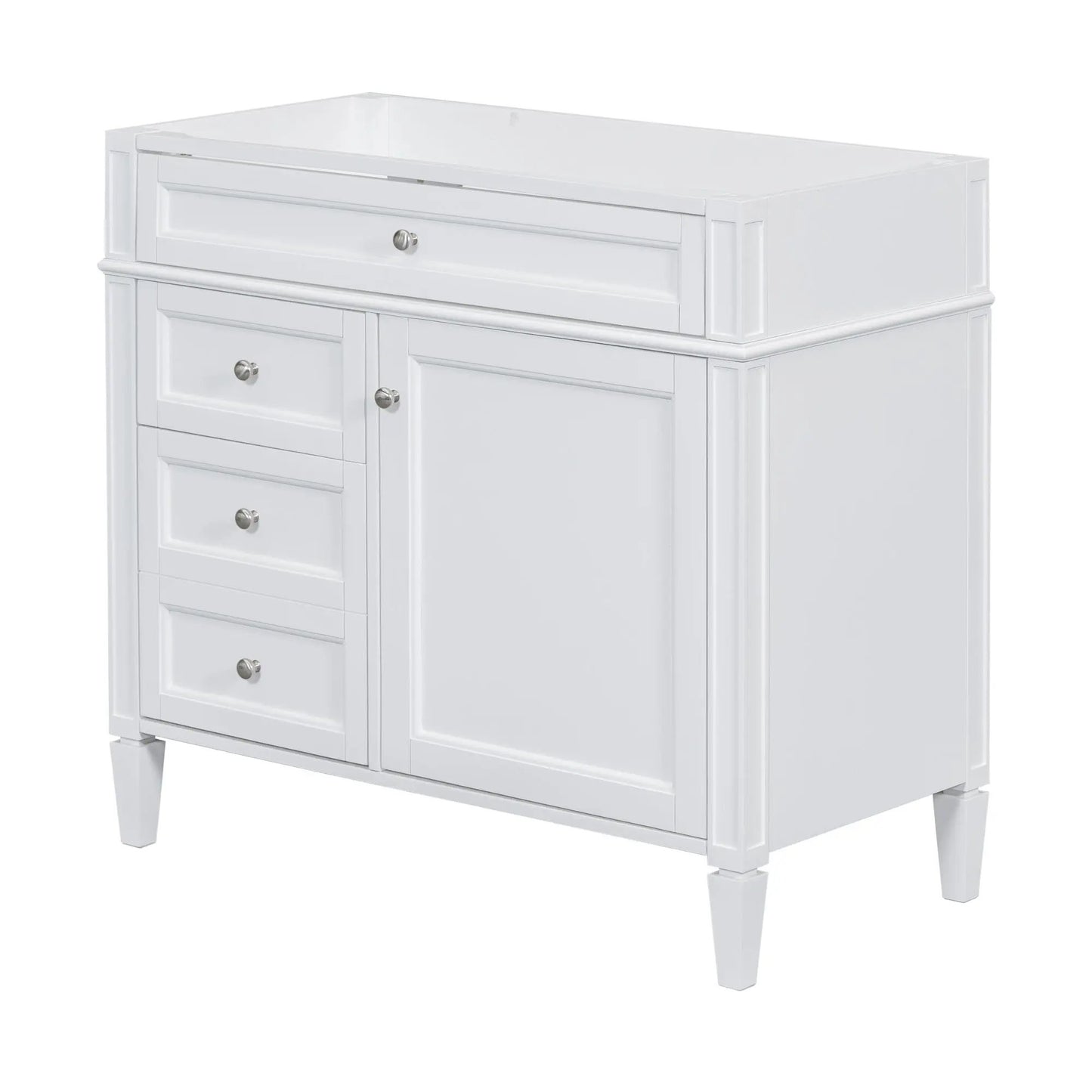 Bathroom vanity base white with top drawers and storage cabinet, chrome knobs, panel fronts on Tampa Home & Garden Store