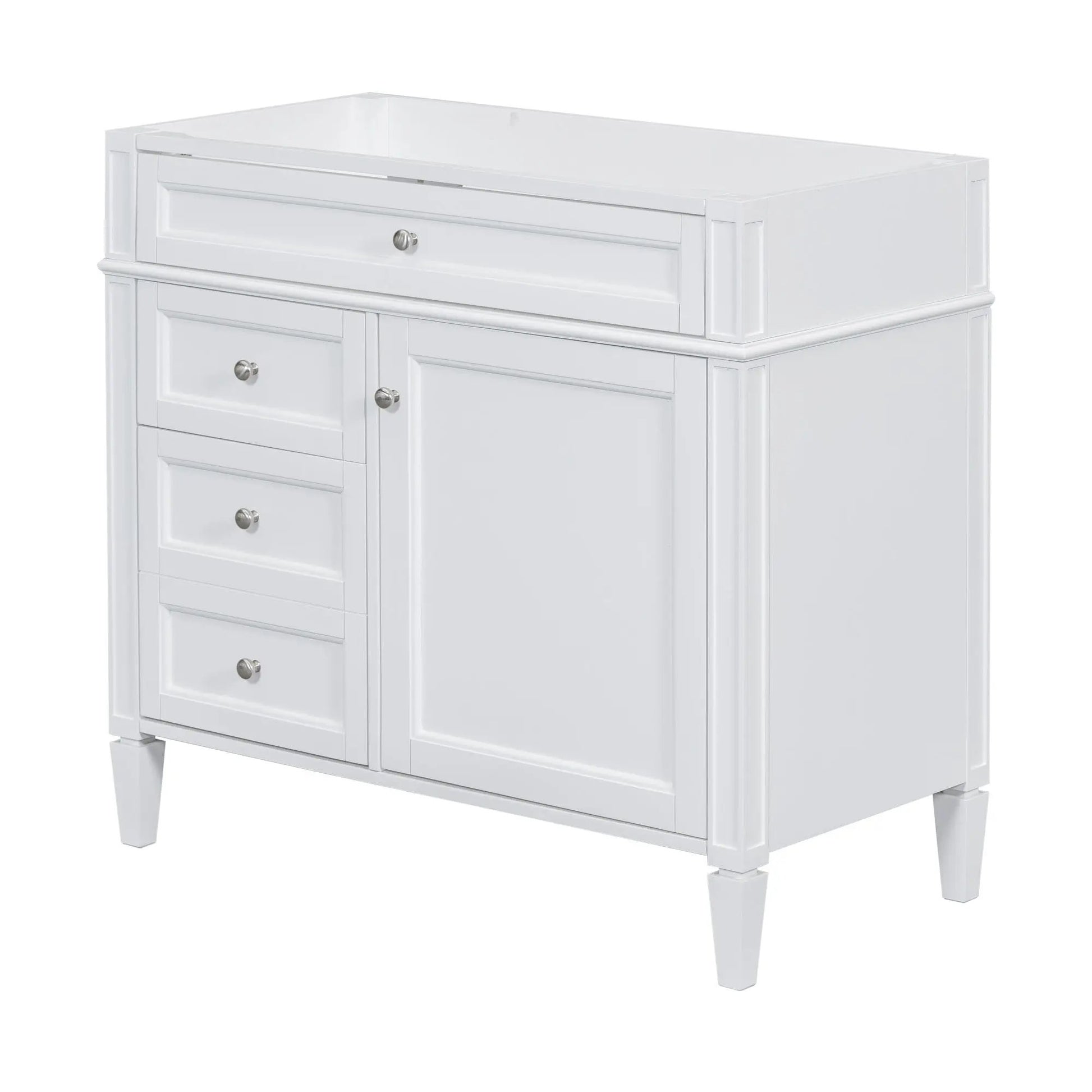 Bathroom vanity base white with top drawers and storage cabinet, chrome knobs, panel fronts on Tampa Home & Garden Store