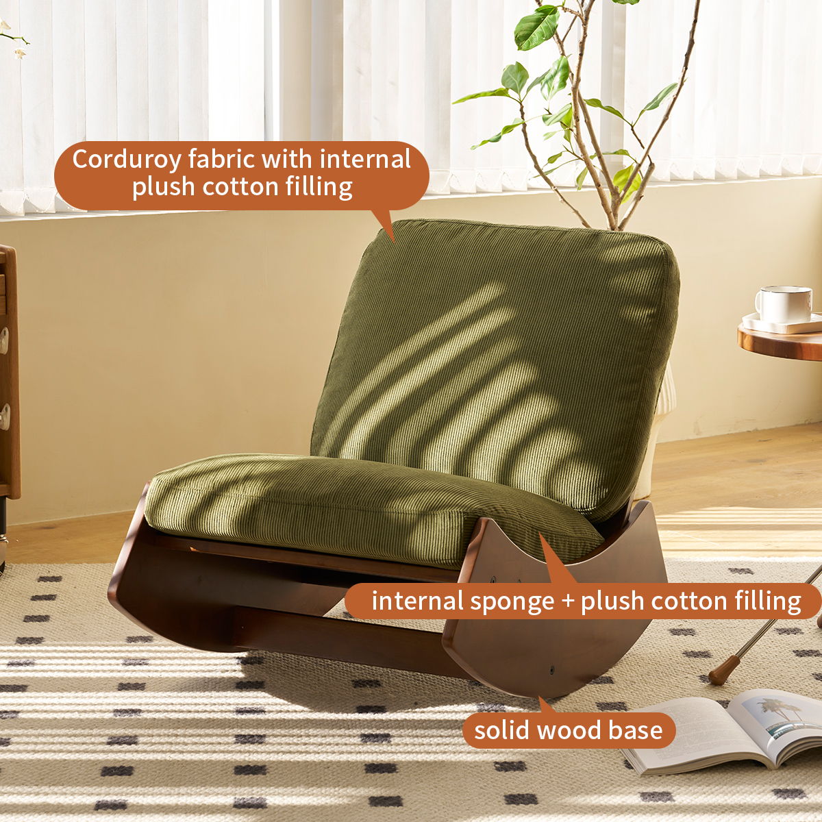 Upholstered glider rocking chair in green corduroy with solid wood base by HouseOfZazla on Tampa Home & Garden Store