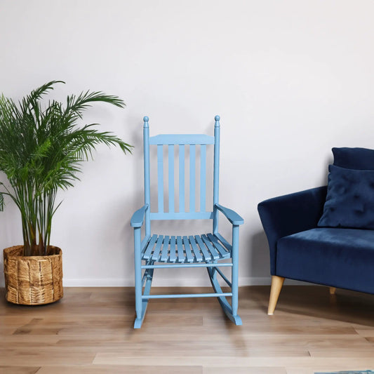 Blue solid wood porch rocker chair for outdoor with slatted back and arms on Tampa Home & Garden Store