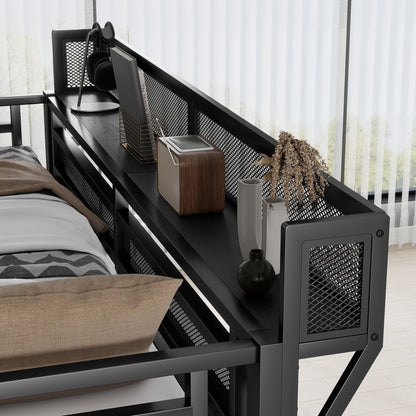 Queen Size Loft Bed with Stairs, storage shelves and wardrobe in black metal frame on Tampa Home & Garden Store