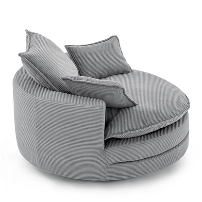 Swivel barrel chair with 3 light gray corduroy cushions and pillows on Tampa Home & Garden Store