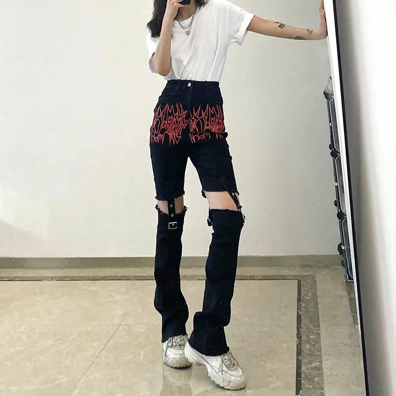 Trendy Hot High-rise Jeans with stitchable metal buckle, black denim, knee-rips on Tampa Home & Garden Store