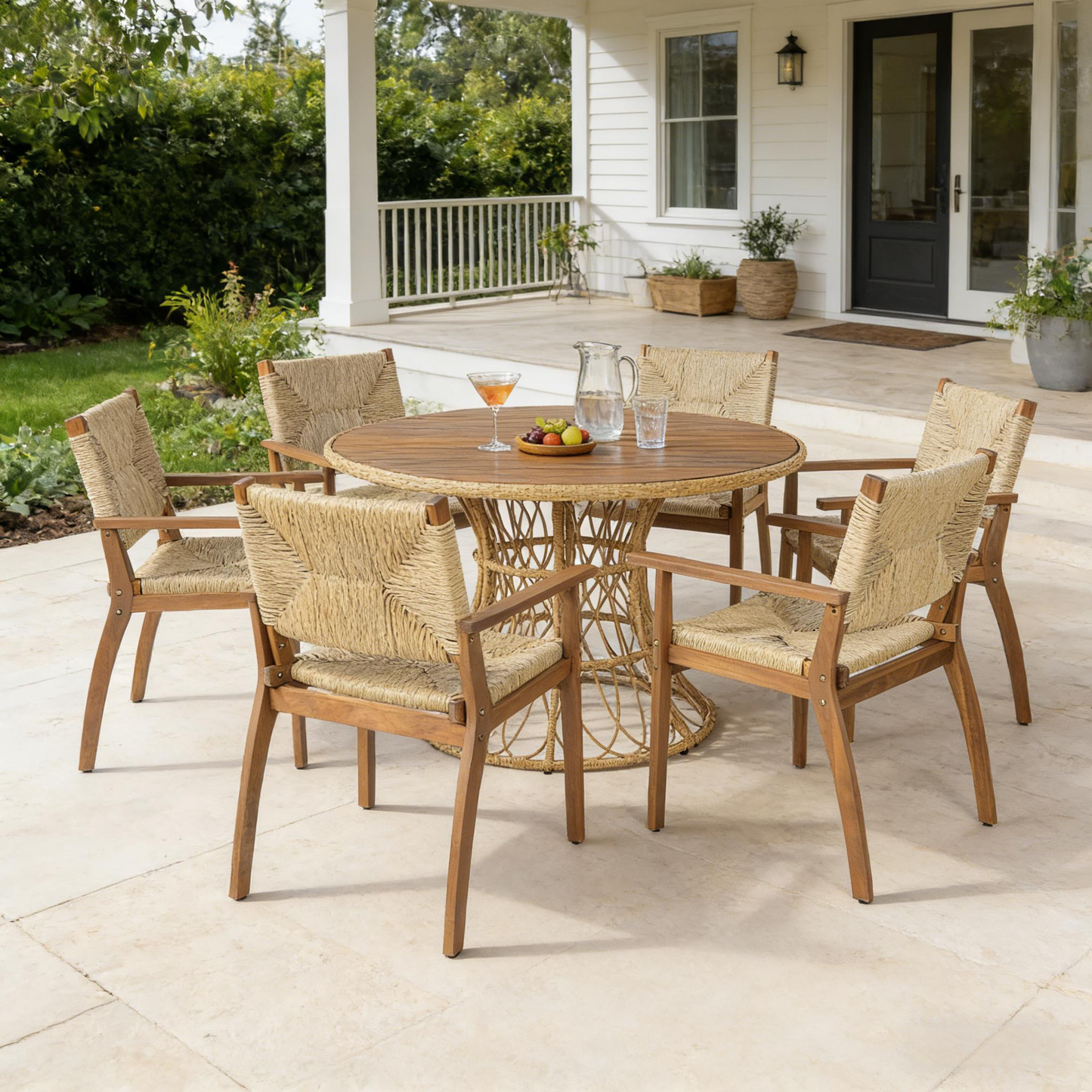 Durable outdoor dining chairs with acacia wood frames and wicker seats, six around a table on Tampa Home & Garden Store