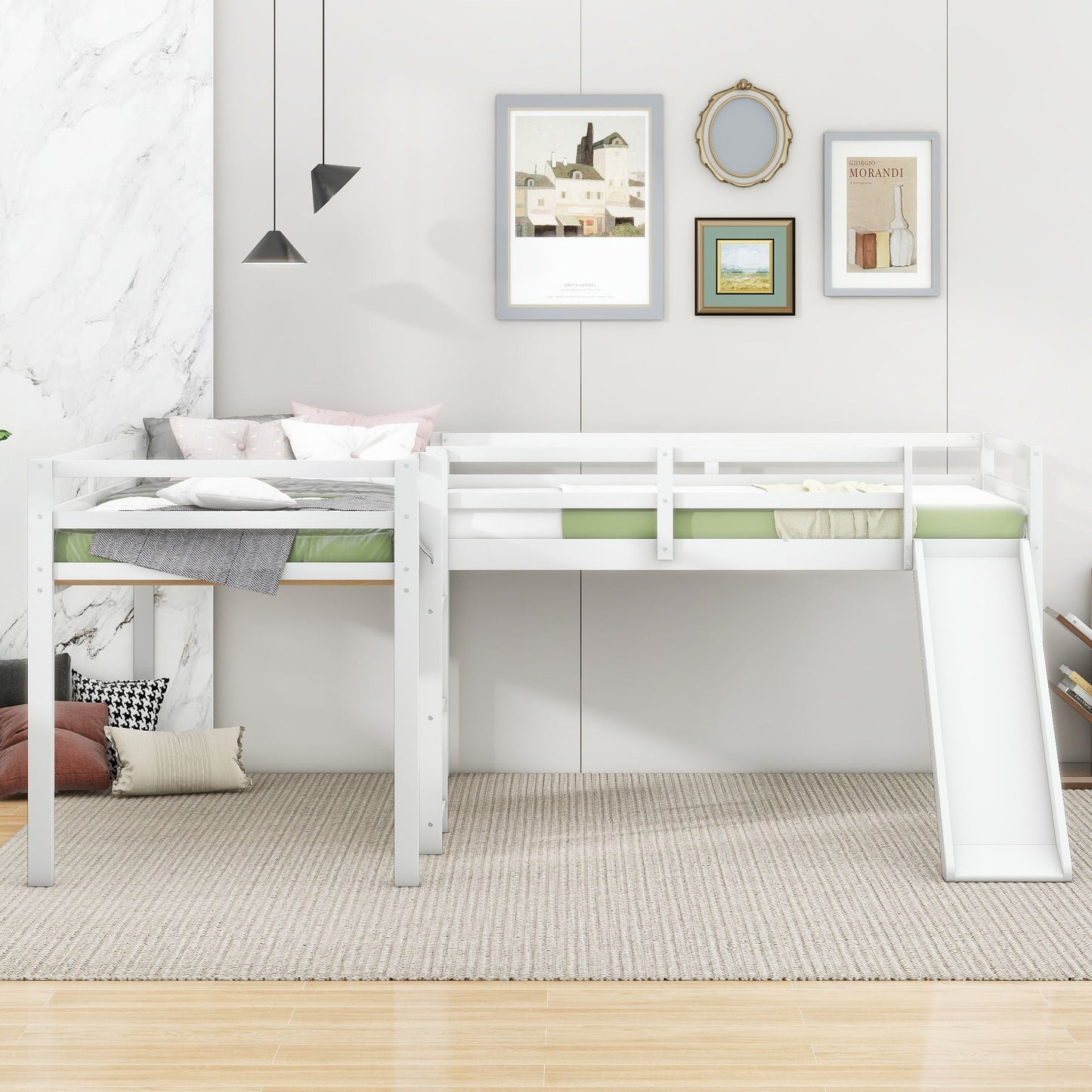 Loft bed L-shaped with ladder by HouseOfZazla, white frame; dual beds with gray and green bedding on Tampa Home & Garden Store