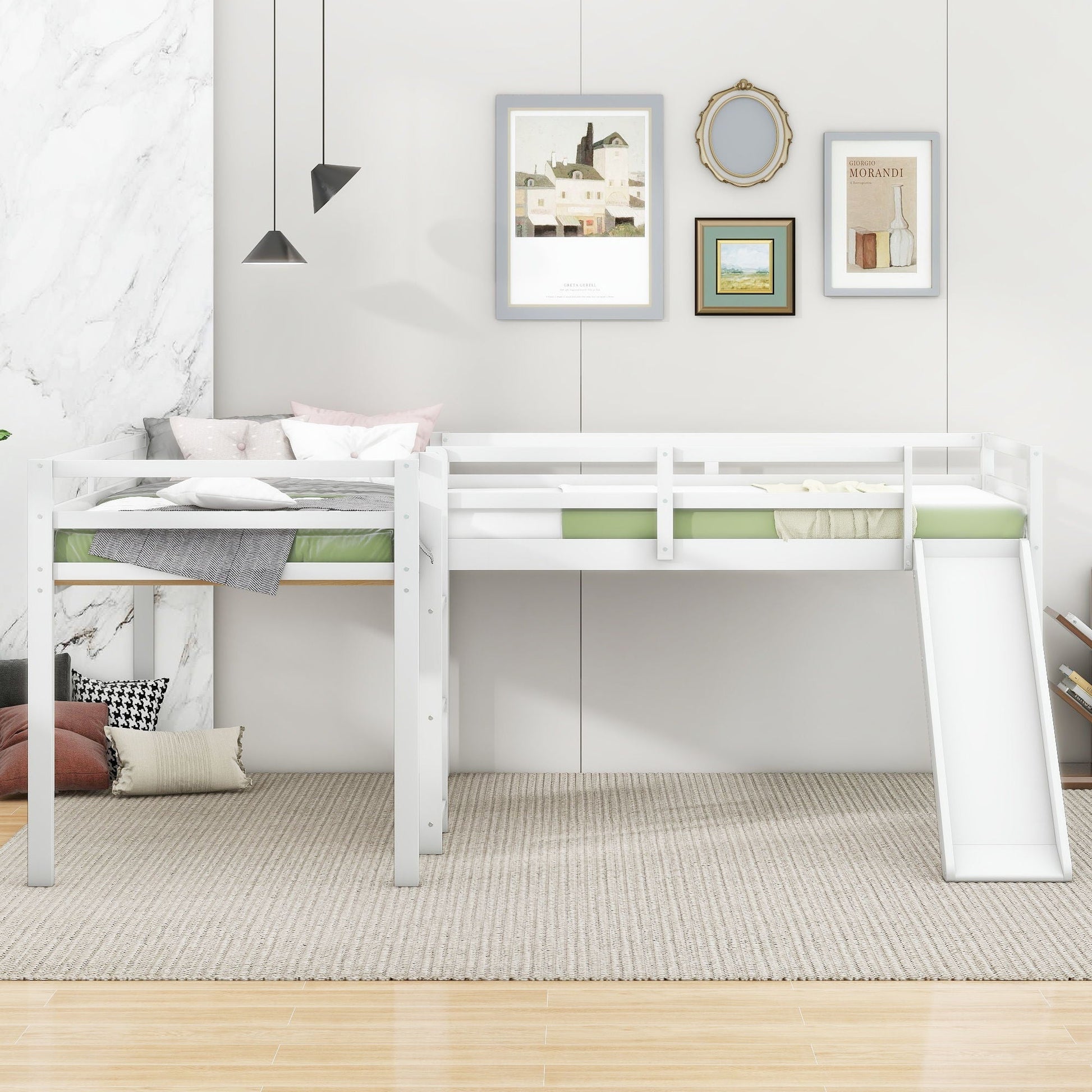 Loft bed L-shaped with ladder by HouseOfZazla, white frame; dual beds with gray and green bedding on Tampa Home & Garden Store