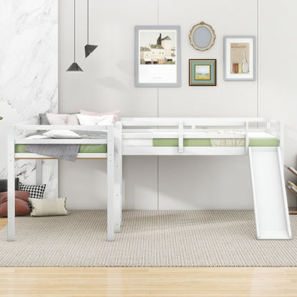 Loft bed L-shaped with ladder by HouseOfZazla, white frame; dual beds with gray and green bedding on Tampa Home & Garden Store