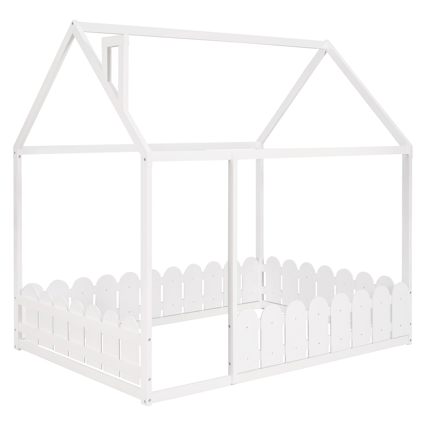 Full Size Wood Bed House Bed Frame with Fence for Kids (White)